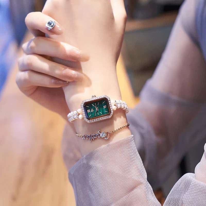 Elegant Square Small Dial With Diamond Pearl Bracelet Waterproof Quartz Watch