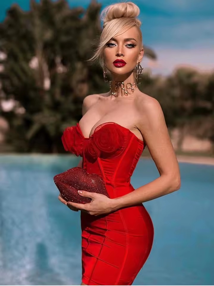 Elegant Strapless Backless Flower Bandage Evening Club Party Mini Bodycon Dress