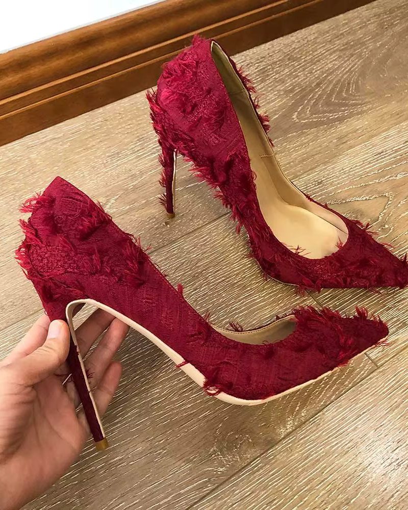 Luxury Tassel Fabric Pointed Toe Stiletto Pumps High Heel3 Luxury Tassel Fabric Pointed Toe Stiletto Pumps High Heel