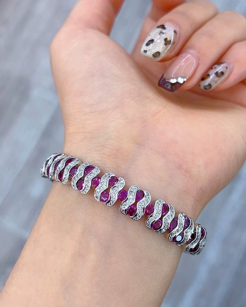 925 Sterling Silver Inlaid Ruby Support Detect Pop Bangles with Designer Charms