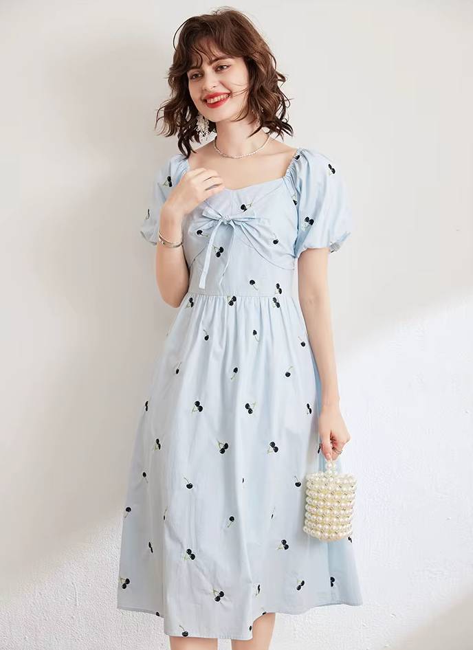 Casual Cheery Embroidery Square Neck Short Sleeve Midi Dress