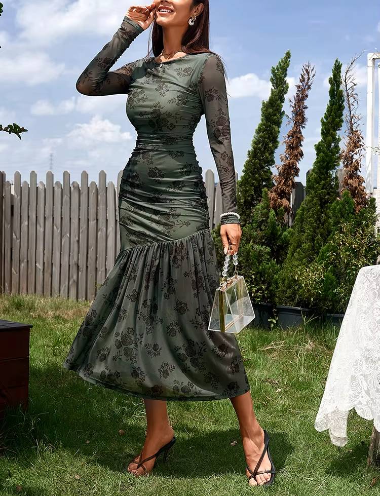 Casual Double Layer Long Sleeve Round Neck Print Mesh Midi Dress