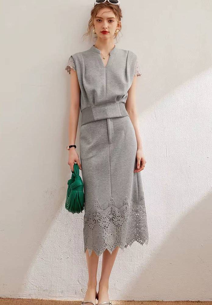 Casual Hollow Out V-Neck Short Sleeve Top And Skirt Two Pieces Set