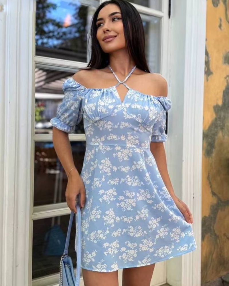 Classic Pullover Halter Short Sleeve Slim Printed Non Stretch Mini Dress