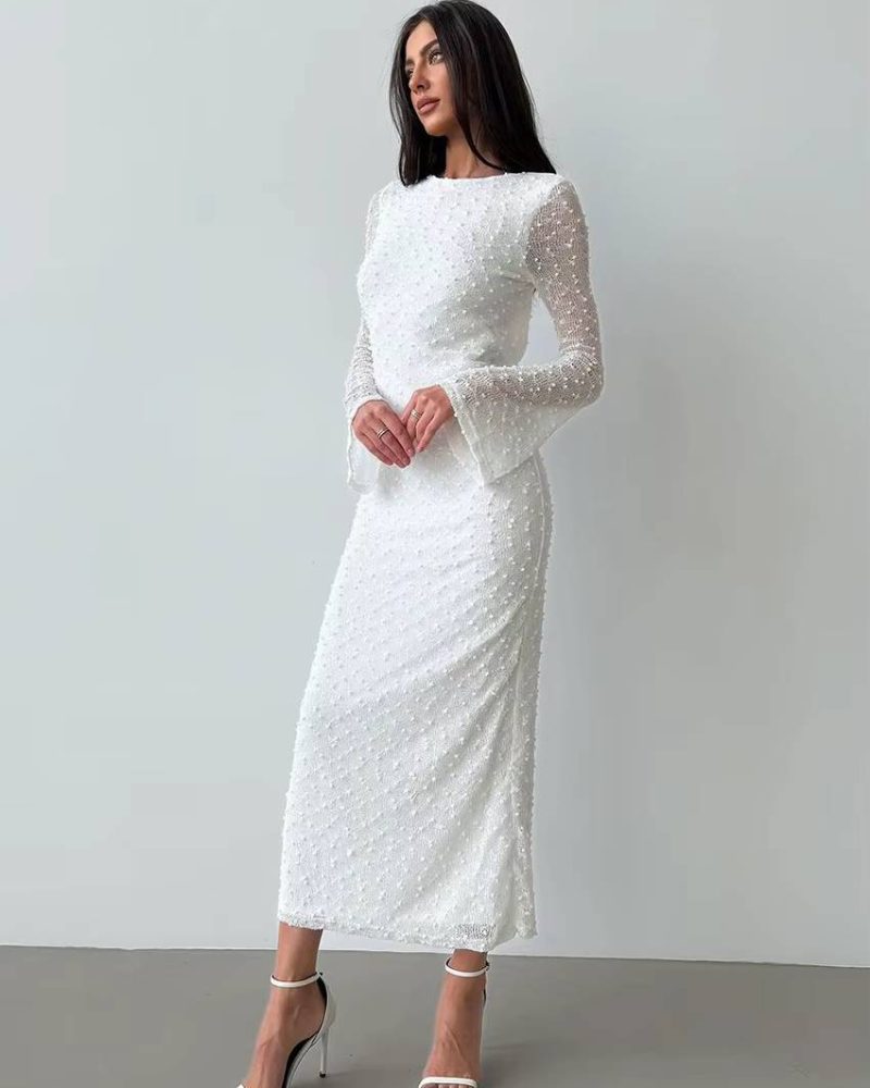 Classic Slim Knitted O-Neck Long Sleeve Ankle Length Bodycon Maxi Dress