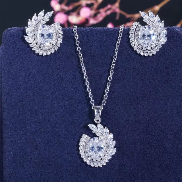 Cubic Zirconia Leaf Drop Pendant Necklace and Earrings Sets