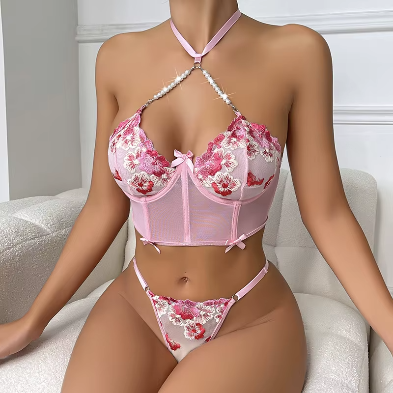 Delicate Embroidery Pearl Halter Underwear Exotic Bra Set