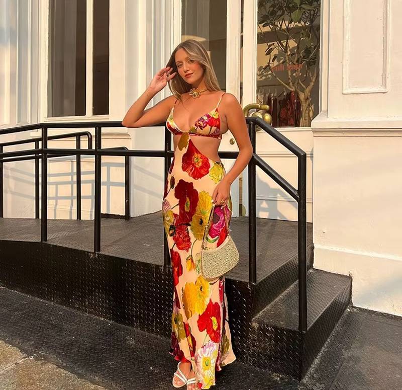 Elegant Backless Flower Print Hollow Out Bodycon Sling Maxi Dress