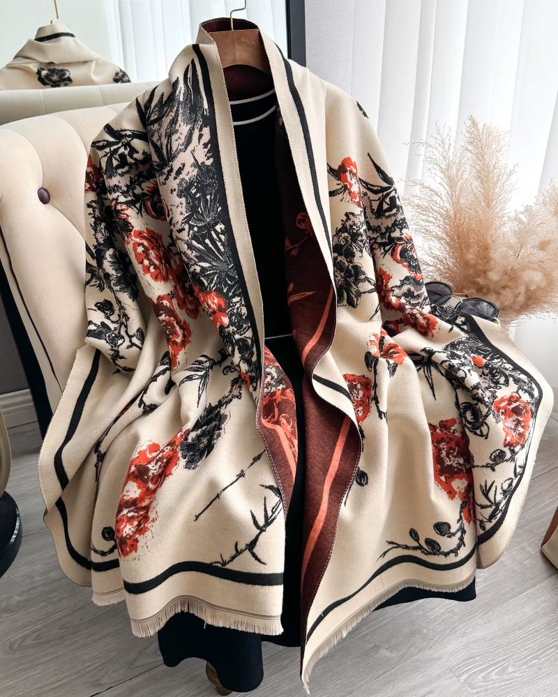 Elegant Flowers Jacquard Pashmina Thick Warmth Two-Sided Shawl Cashmere Scarf
