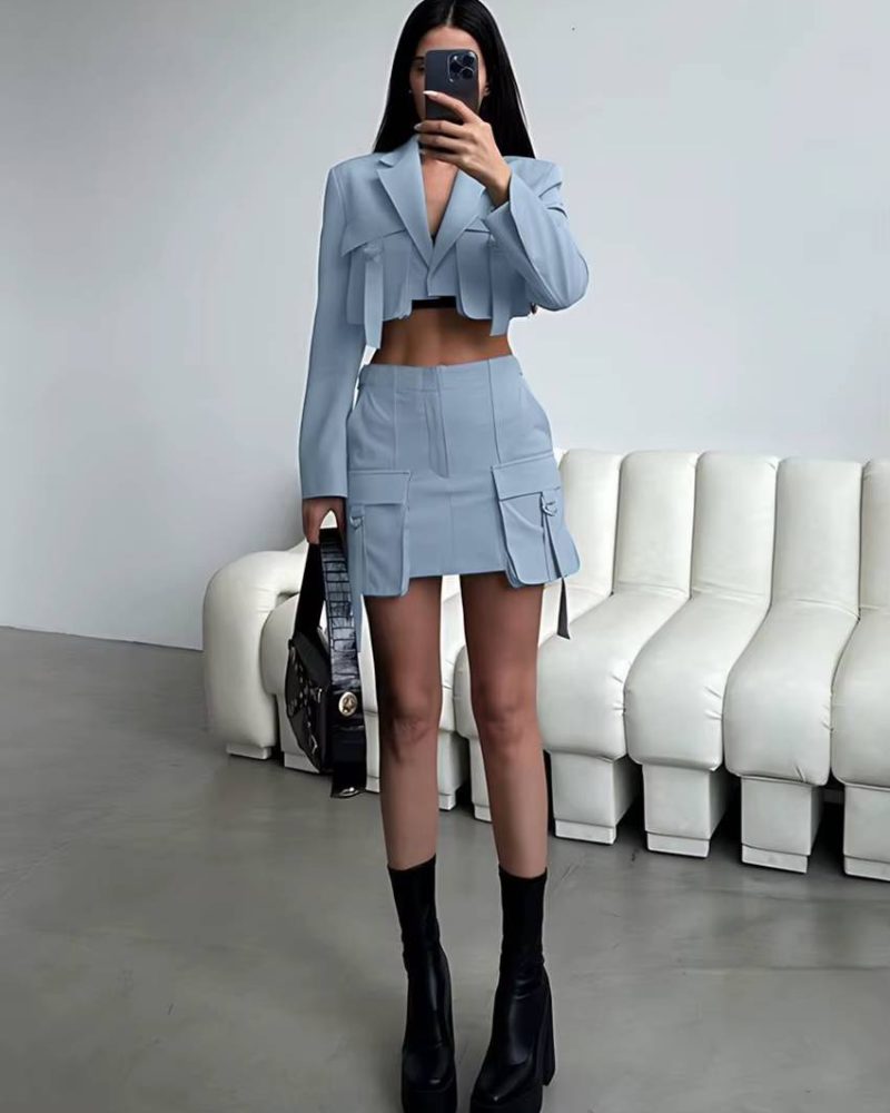 Elegant Long Sleeve Crop Top With High Waist Mini Skirt 2 Piece Sets