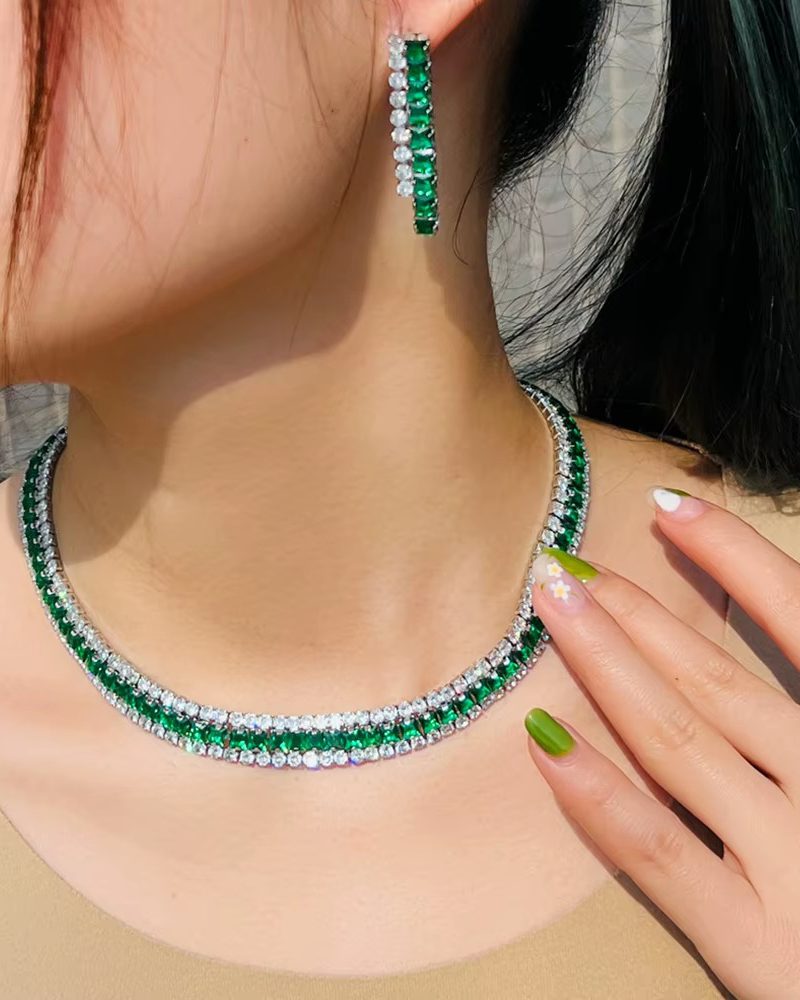 Elegant Shiny Crystal Bridal Chunky Necklace Earrings 2pcs Set