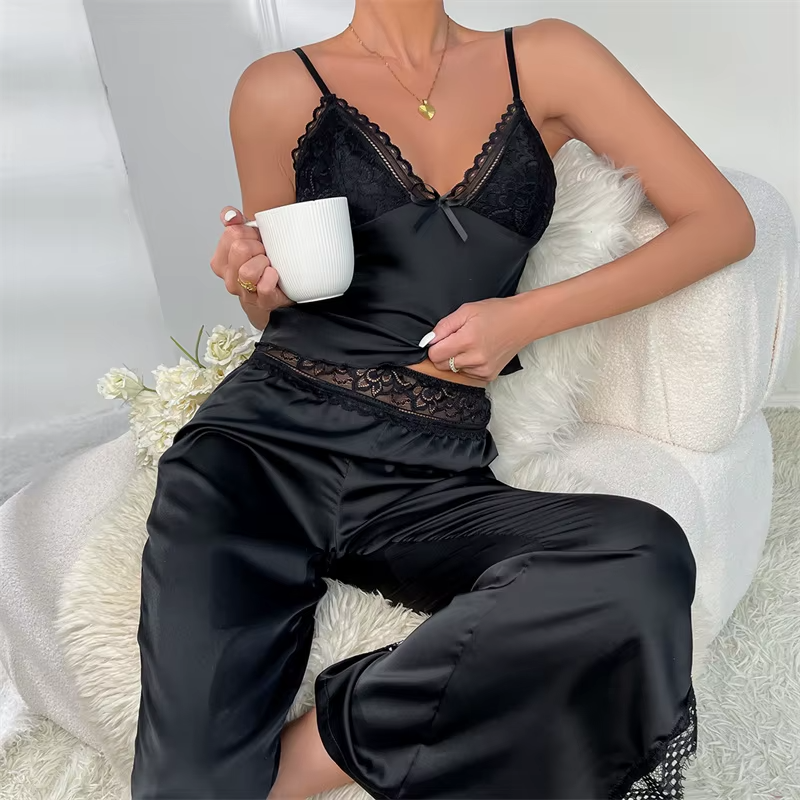 Elegant  V Neck Lace Camisole Elastic Satin Pants Nightwear Sets