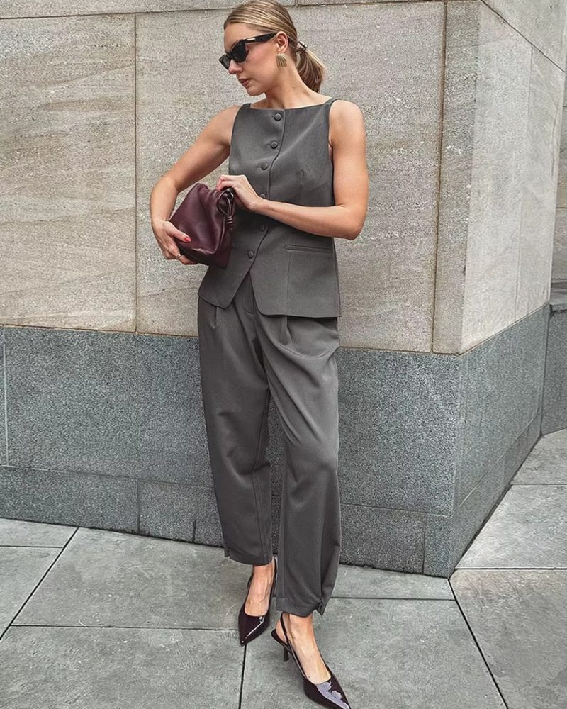 Formal Single Breasted Comfortable Sleeveless Blazer And Vest Pants 2 Piece Suit