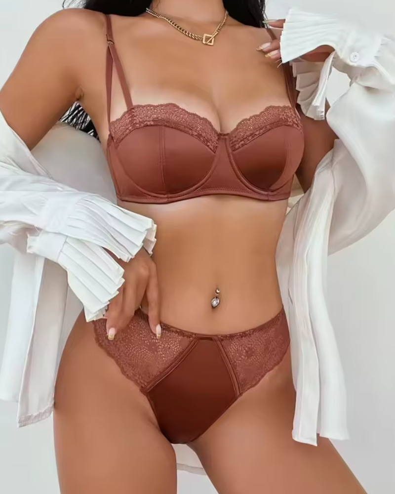 Lace Embroidery Satin Thin Cup Breathable Push Up Bra Set