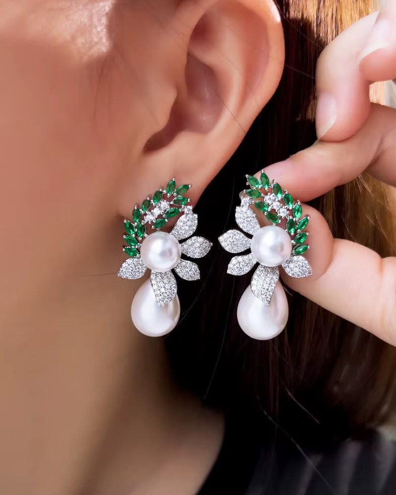 Leaf Shape Cubic Zirconia Water Drop Dangle Pearl Wedding Banquet Party Earrings