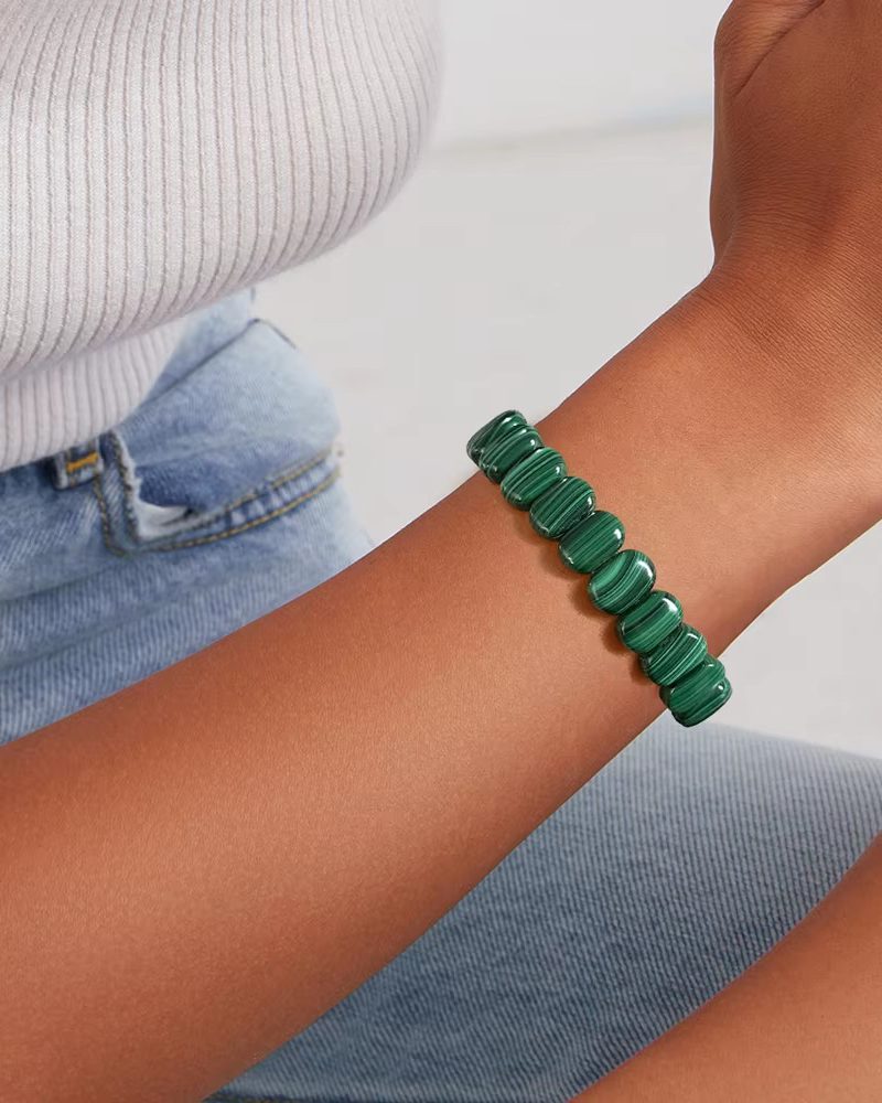 Natural Stone Genuine Malachite Rectangle Beads Elastic Bracelets