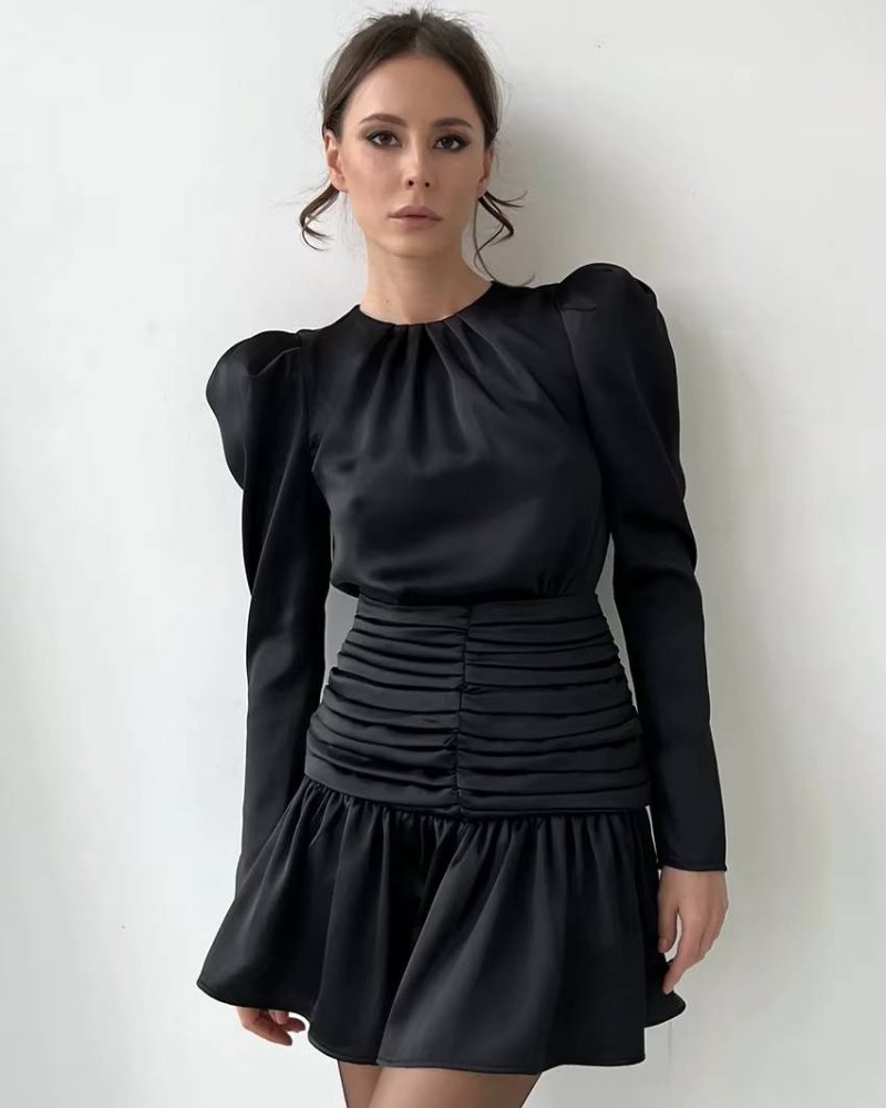 Casual O-Neck Long Sleeve High Waist Ruched Slim Satin Mini Dress