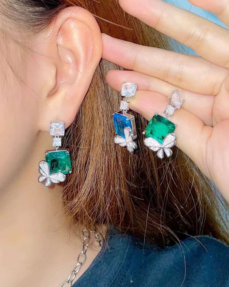 Trendy Zirconia Dangle Square with Butterfly Design Drop Earrings