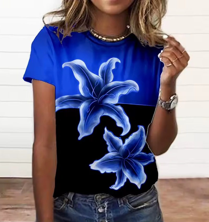 3d Floral Print O-Neck Short Sleeve Large Size T Shirt