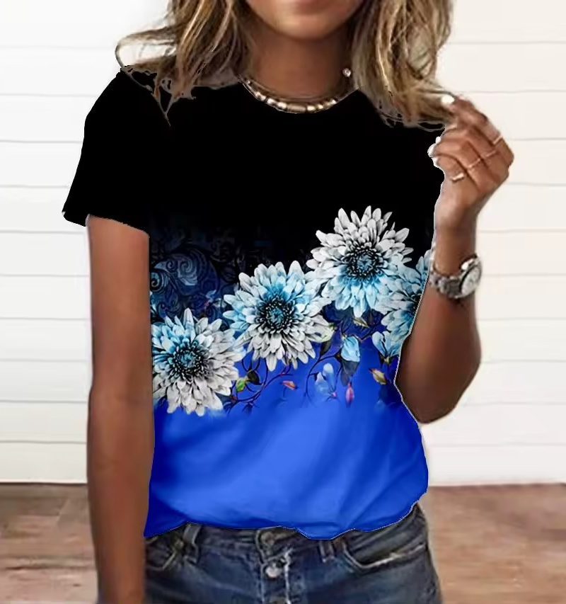 Appliques 3d Floral Print O-Neck Tee Large Size T-Shirt Tops