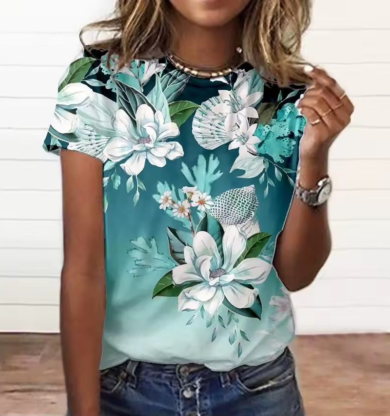 Appliques 3d Floral Print Tee Large Size T-Shirt Tops