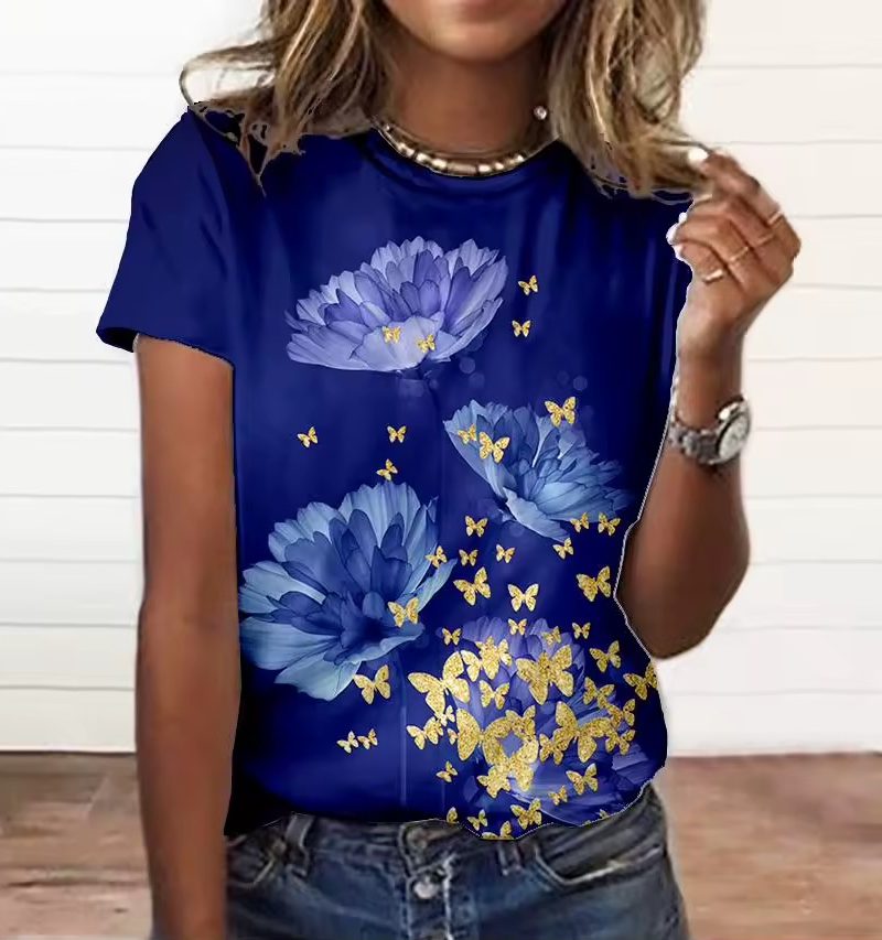 Appliques 3d Print O-Neck Short Sleeve Daily Casual Tops
