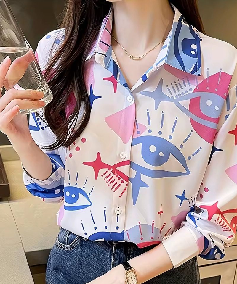 Cartoon Floral Print Lapel Button Up Top Elegant Evening Simple Shirt