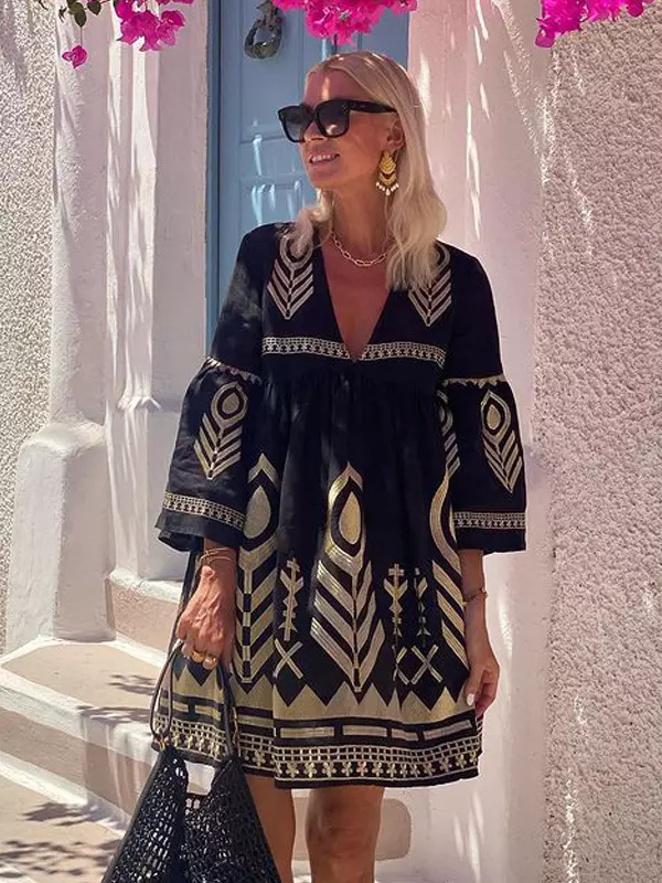 Casual Boho Printed Shift Dress V-neck Bell Sleeve Midi Dress
