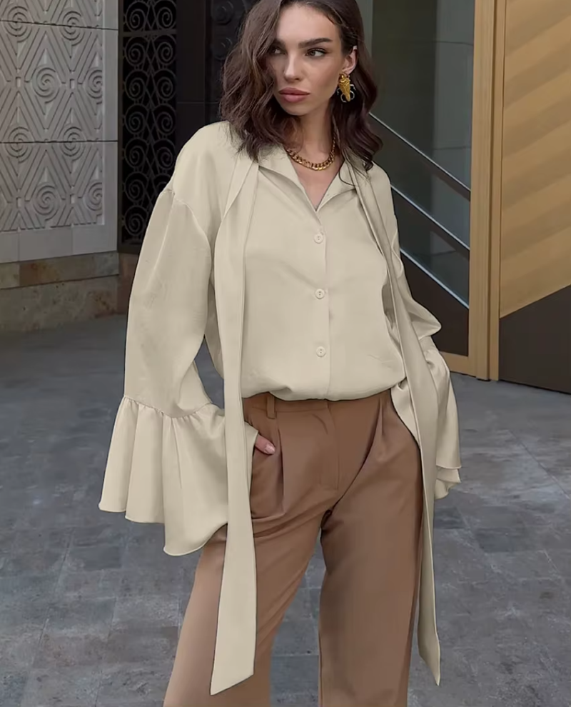 Casual Fashion Loose Bow Collar Long Sleeve Shirt Elegant Classic Solid Top