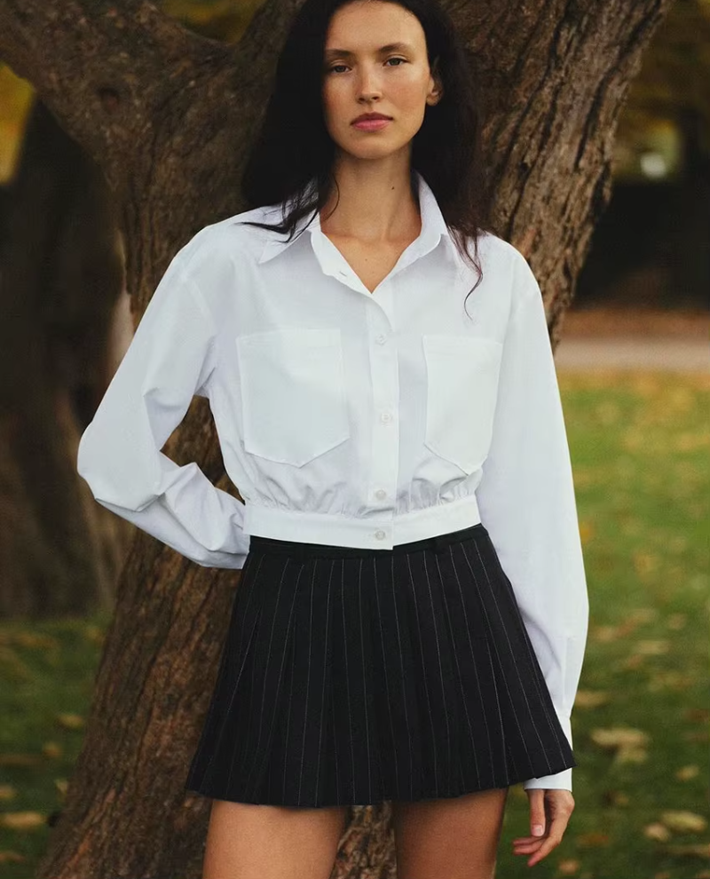 Casual Lapel Long Sleeve Blouse Elegant Classic Fashion Loose Cotton Crop Top