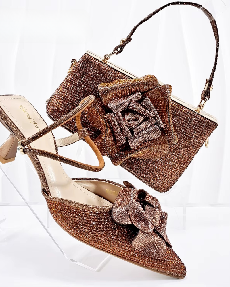 Crystal Floral Lace-up Flower Design bag Stiletto Shoes