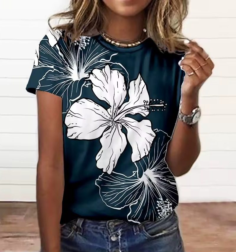 Elegant Appliques Floral Print Tee Large Size Short Sleeve T Shirt