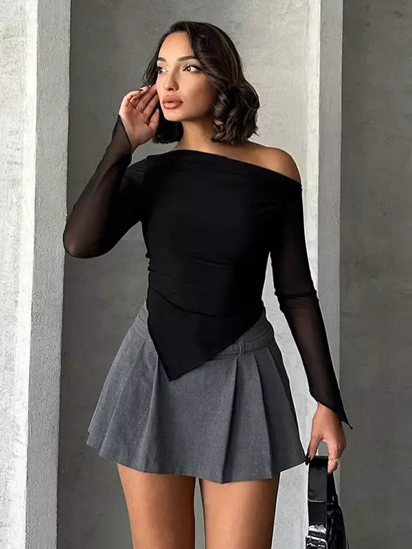 Elegant Asymmetrical Off-Shoulder Mesh Long Sleeve Crop Top