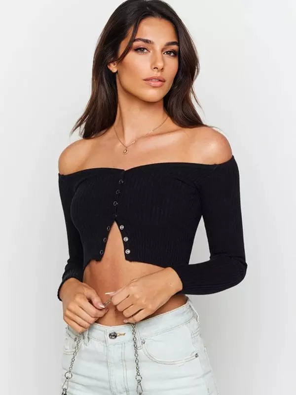 Elegant Button Front Long Sleeve Off-Shoulder Knit Trendy Cropped Top