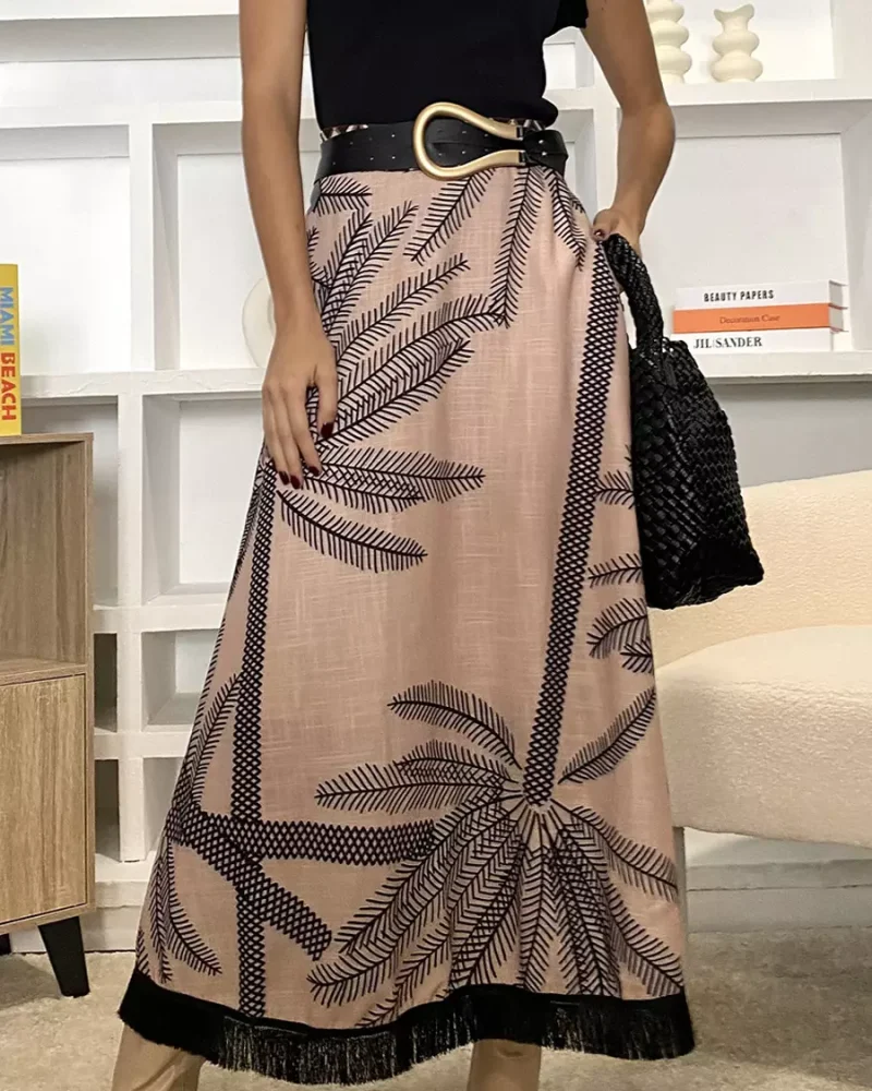 Elegant Tropical Printed Long Skirt With Tassel Floral Print Skirt