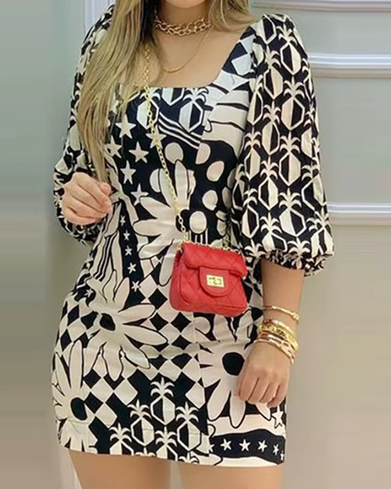 Fashion Floral Print Lantern Sleeve Casual Square Neck Mini Dress