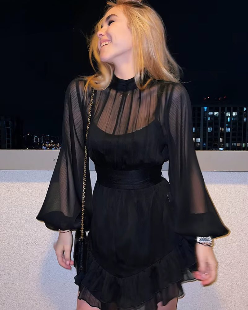 Fashion Loose Stand Collar Puff Sleeve Elegant High Waist Pleated Mini Dresses