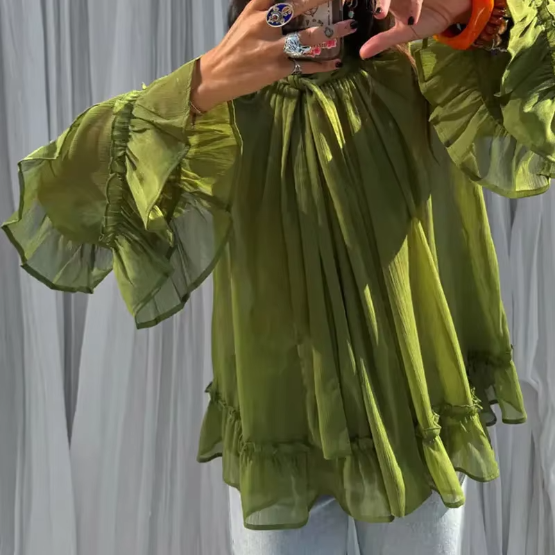 Fashion Solid Stand Neck Lace Up Full Sleeve Blouse Pleated Curling Edge Tops