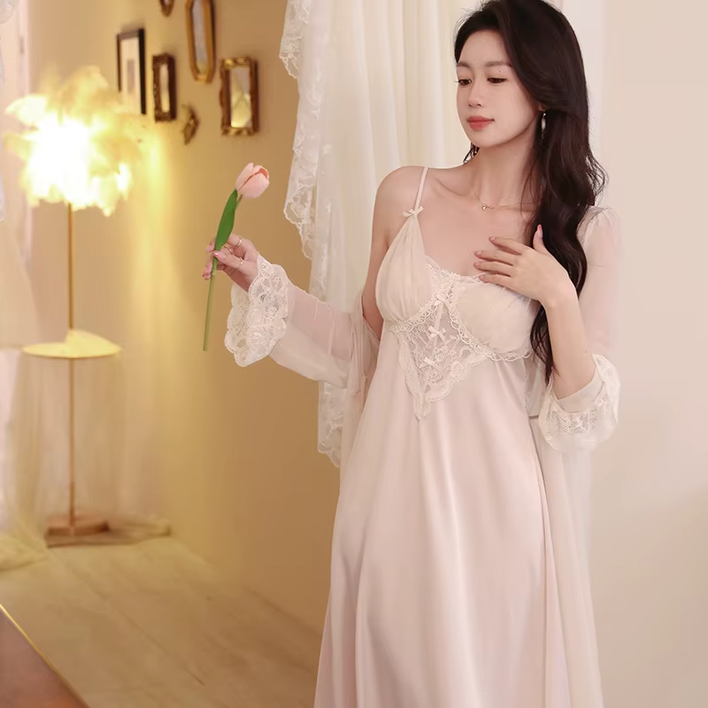 Ice Silk Long Dressing Gown V Neck Solid Two Pieces Nightdress Robe Sets