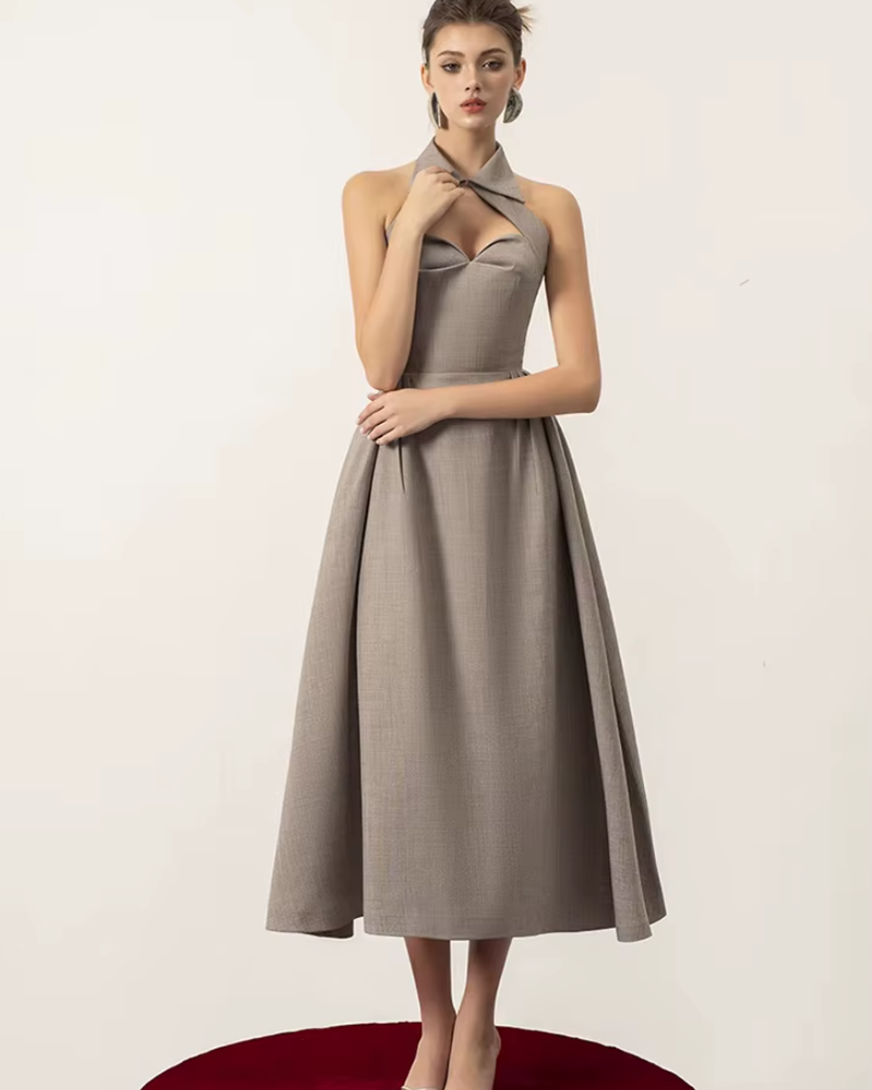 Lapl Halter Backless Sleeveless Folds High Waist A-Line Hollow Out Long Dresses