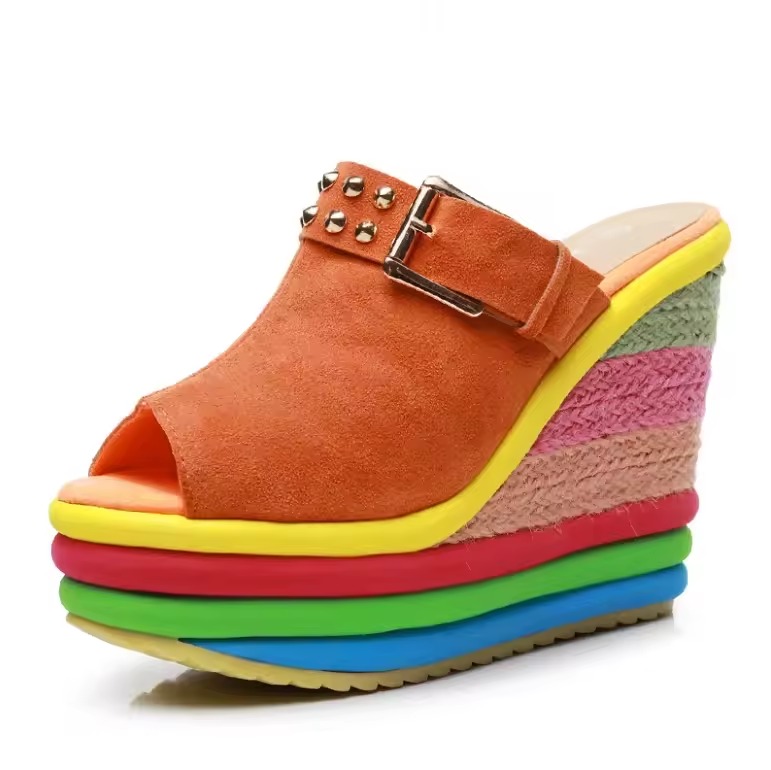 Casual Rainbow Hemp Bottom Ankle Buckle Strap Wedges Sandals
