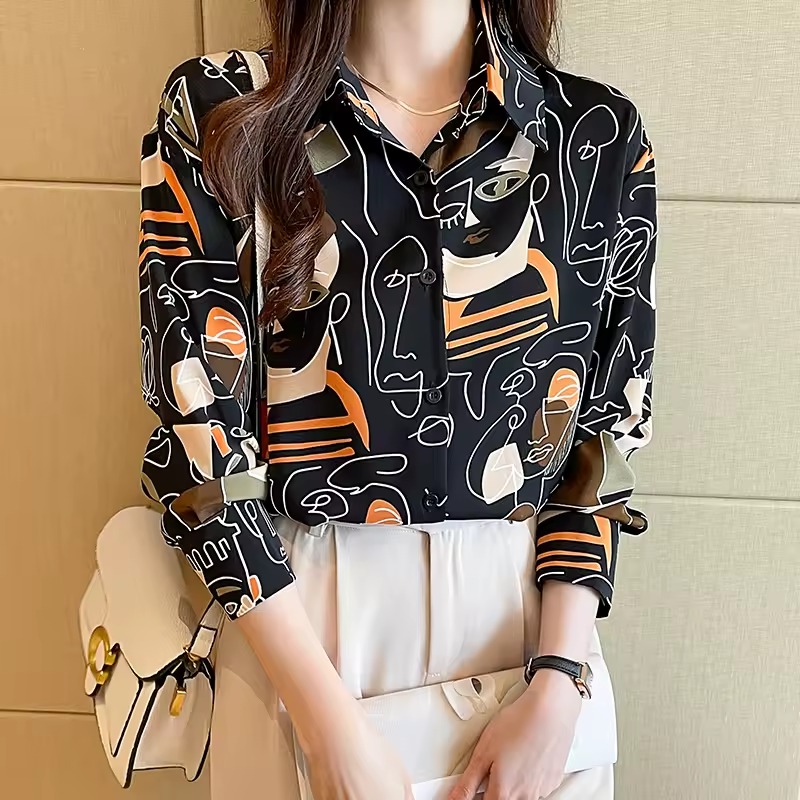 Simplicity Loose Abstract Chiffon Turn-down Collar Long Sleeve Shirts