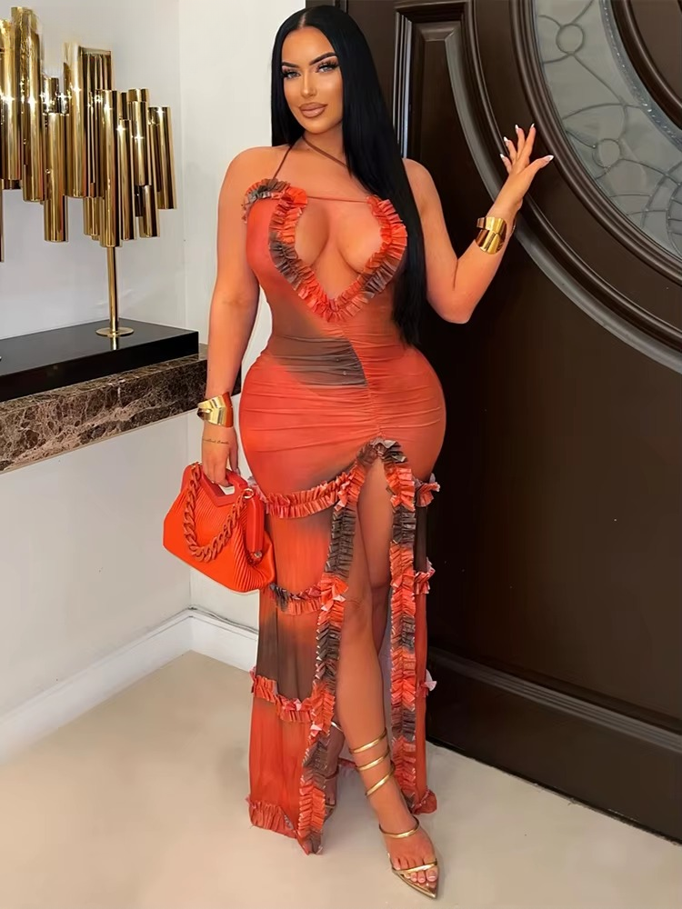 Spaghetti Strap V-neck Sleeveless Print Ruffles Ruched High Split Birthday Maxi Dress