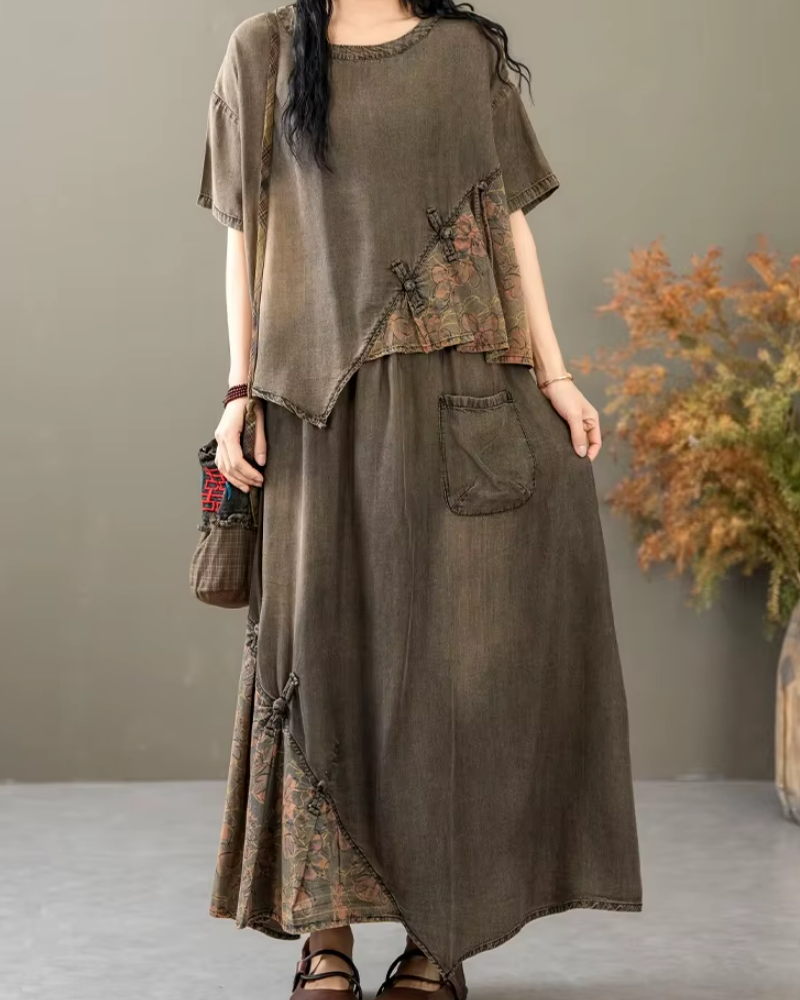 Vintage Fashion Casual Loose Printed Denim Tops Big Size Elegant Skirt Outfits