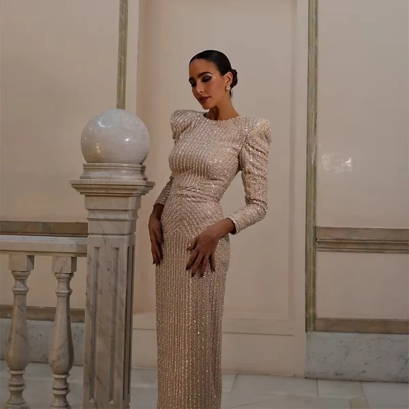 Elegant Sequin Shinny Slim O-neck Full Sleeves Slim Hip Long Dress