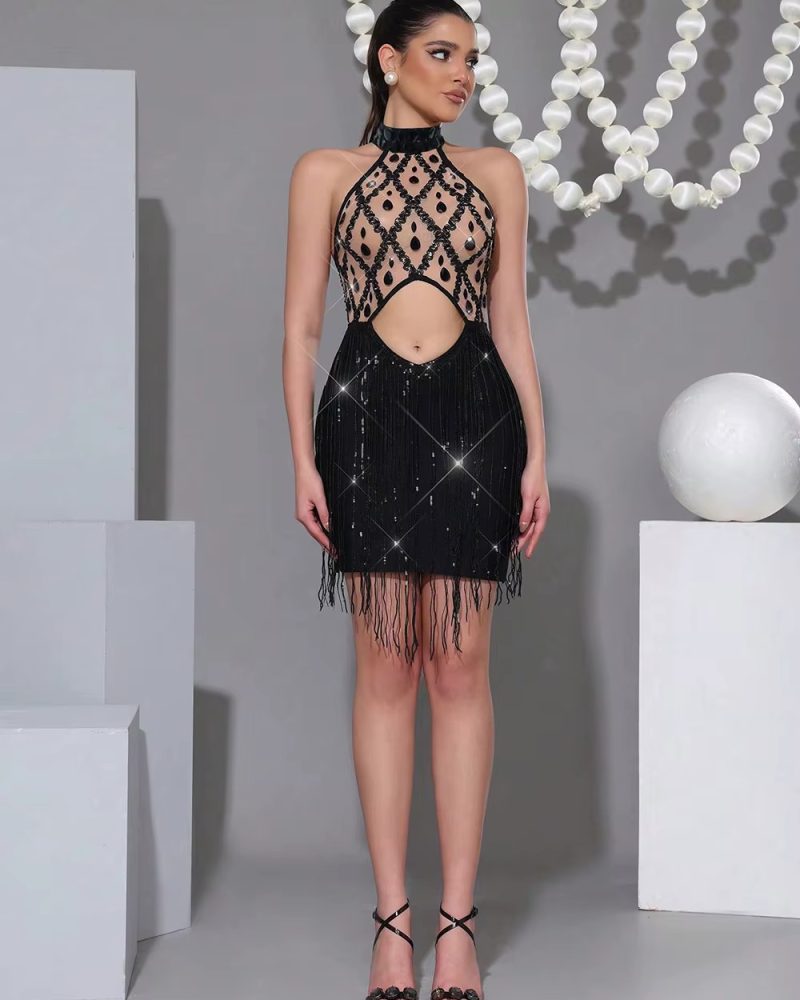 Elegant zipper Diamonds Sequin Tassels Prom Sleeveless Dress