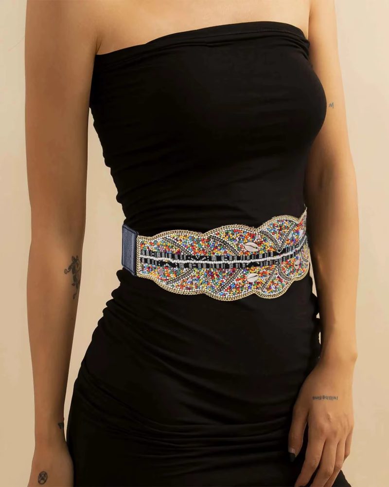 Bohemian Colorful Seed Bead Shell Handmade Ethnic Elasticity Button Belt