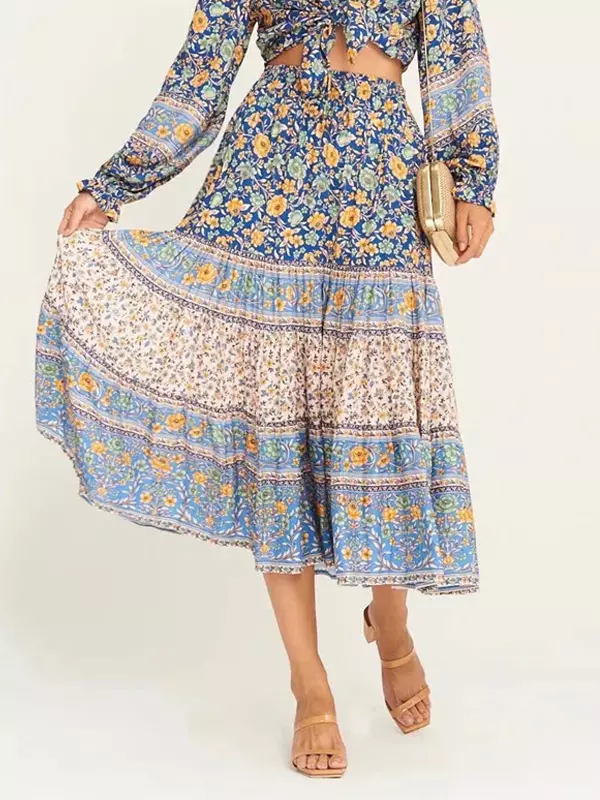 Bohemian Floral Print Pattern Layered High Rise Maxi Skirt