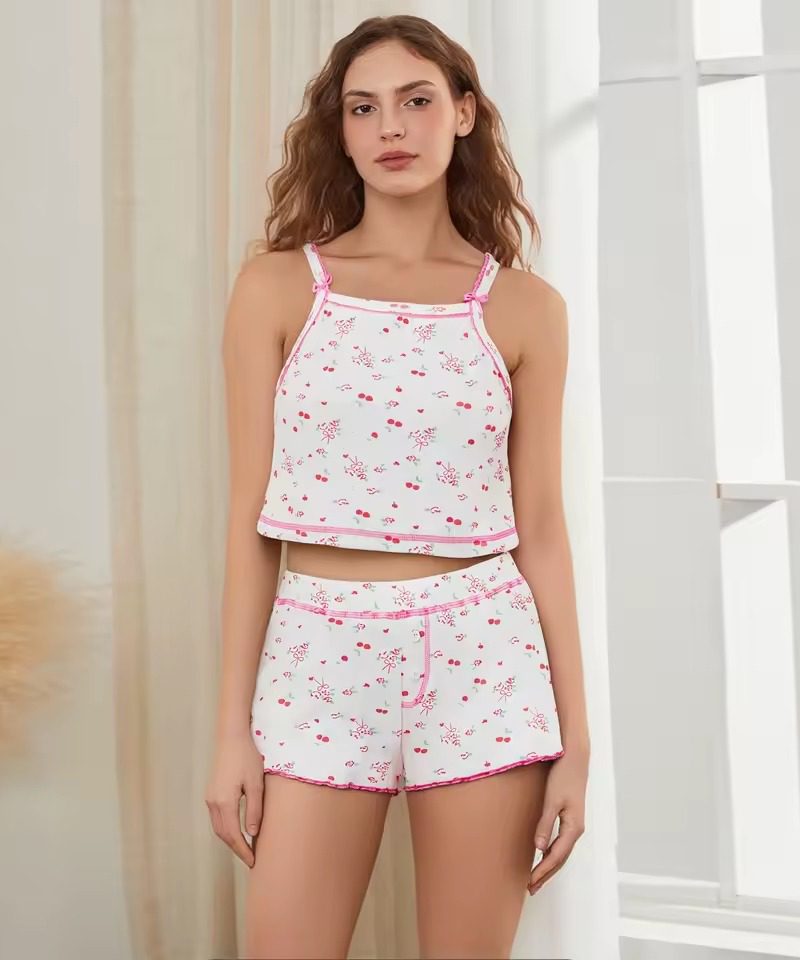 Casual Bow Flower Print Spaghetti Strap Crop Tops Lettuce Elastic Mini Shorts Night Dress