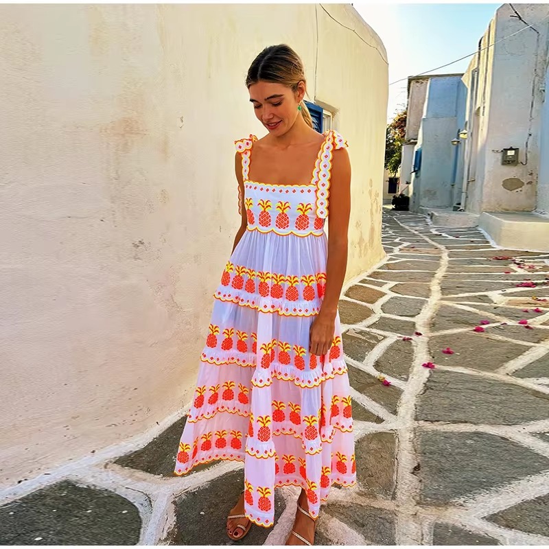 Casual Contrast Square Collar Sleeveless Pleated Loose Print Lace Up Long Maxi Dress